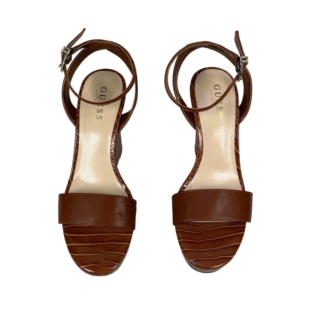 Guess Tales  Wedge Sandals Womens 9 Cognac Brown Croc Embossed Platform Open Toe